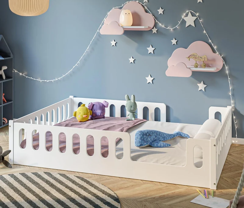 CADANI Monte Montessori Bodenbett Kinderbett mit Rausfallschutz, umbaubar, Massivholz, Roll-Lattenrost, weißh