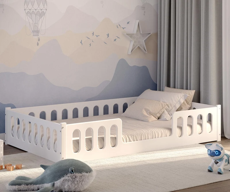 CADANI Monte Montessori Bodenbett Kinderbett mit Rausfallschutz, umbaubar, Massivholz, Roll-Lattenrost, weißh