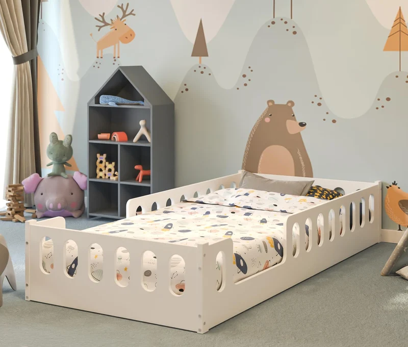 CADANI Monte Montessori Bodenbett Kinderbett mit Rausfallschutz, umbaubar, Massivholz, Roll-Lattenrost, weißh