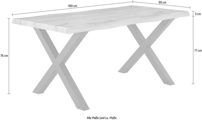 Esstisch Marlon mit Baumkantenoptik – Holzwerkstoff Tischplatte, Metallgestell Schwarz, X-Form, Modernh