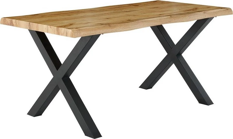 Esstisch Marlon mit Baumkantenoptik – Holzwerkstoff Tischplatte, Metallgestell Schwarz, X-Form, Modernh