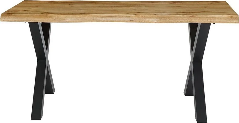 Esstisch Marlon mit Baumkantenoptik – Holzwerkstoff Tischplatte, Metallgestell Schwarz, X-Form, Modernh