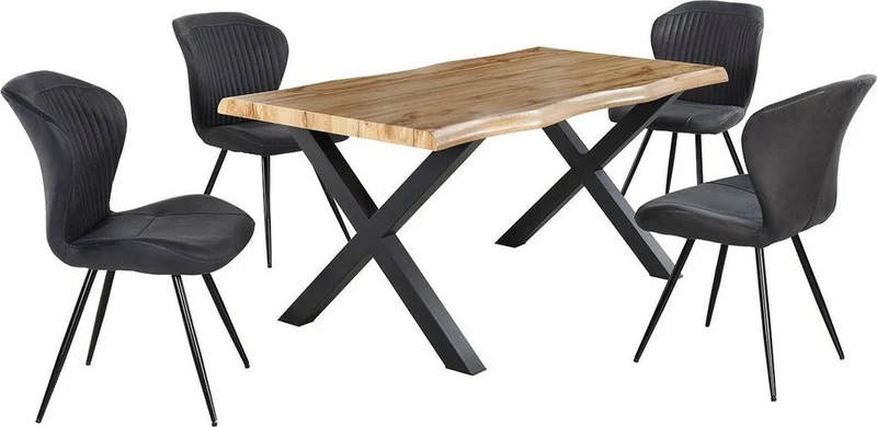 Esstisch Marlon mit Baumkantenoptik – Holzwerkstoff Tischplatte, Metallgestell Schwarz, X-Form, Modernh