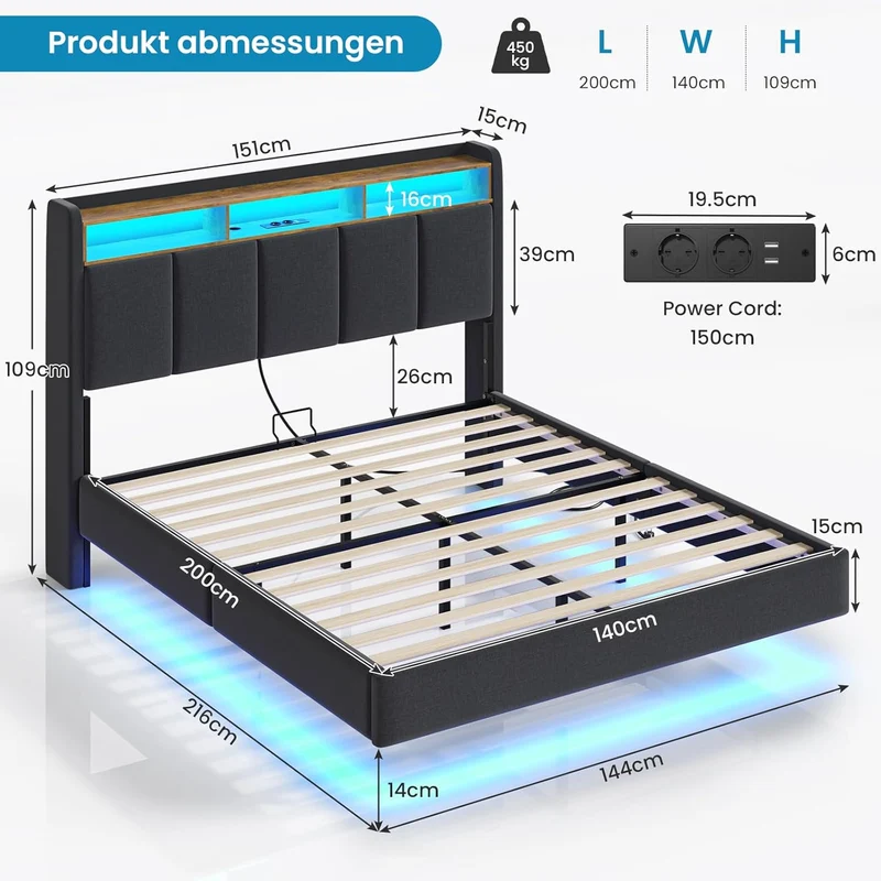Brinlawb Polsterbett mit LED, Schwebebett mit Kopfteil, Stauraum & Ladestation – Modernes Bett mit Lattenrost für Schlafzimmerh