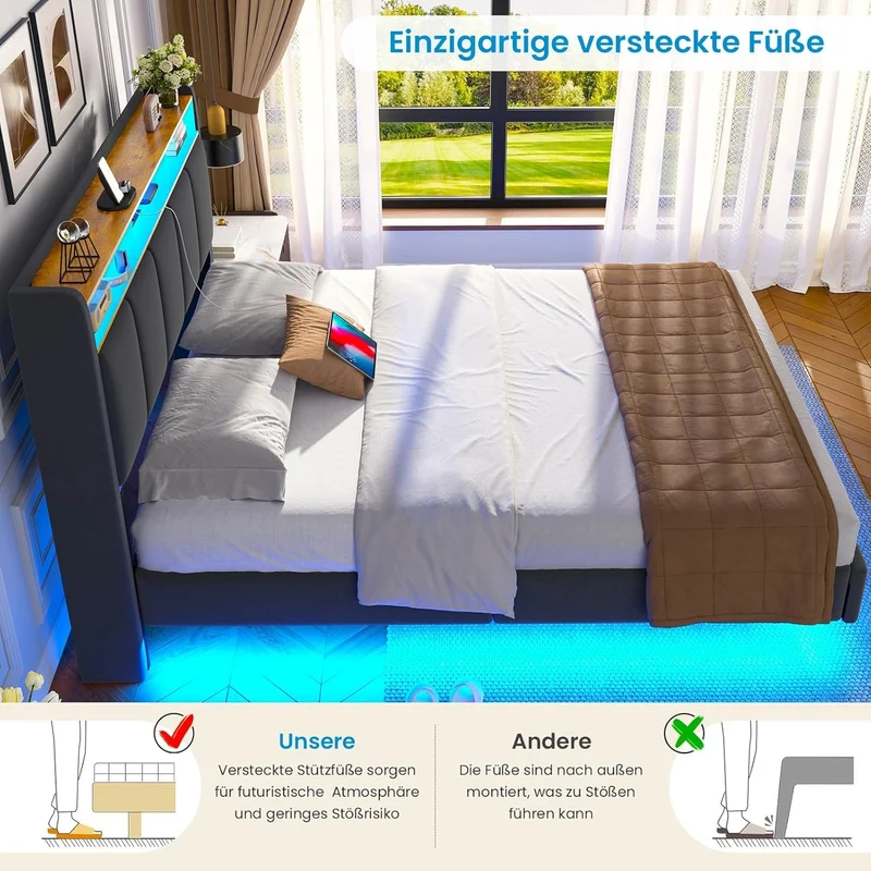 Brinlawb Polsterbett mit LED, Schwebebett mit Kopfteil, Stauraum & Ladestation – Modernes Bett mit Lattenrost für Schlafzimmerh