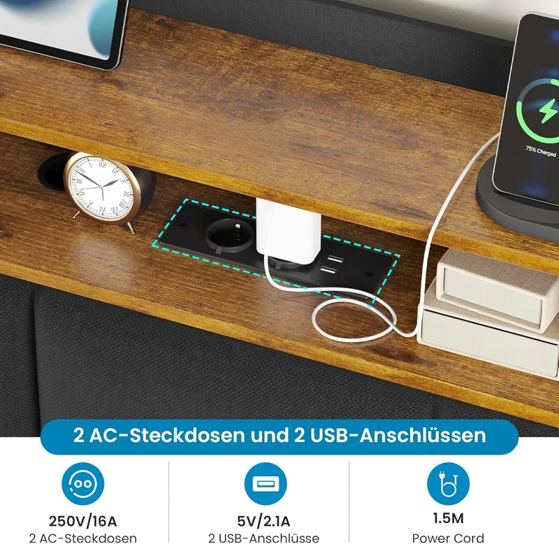 Brinlawb Polsterbett mit LED, Schwebebett mit Kopfteil, Stauraum & Ladestation – Modernes Bett mit Lattenrost für Schlafzimmerh