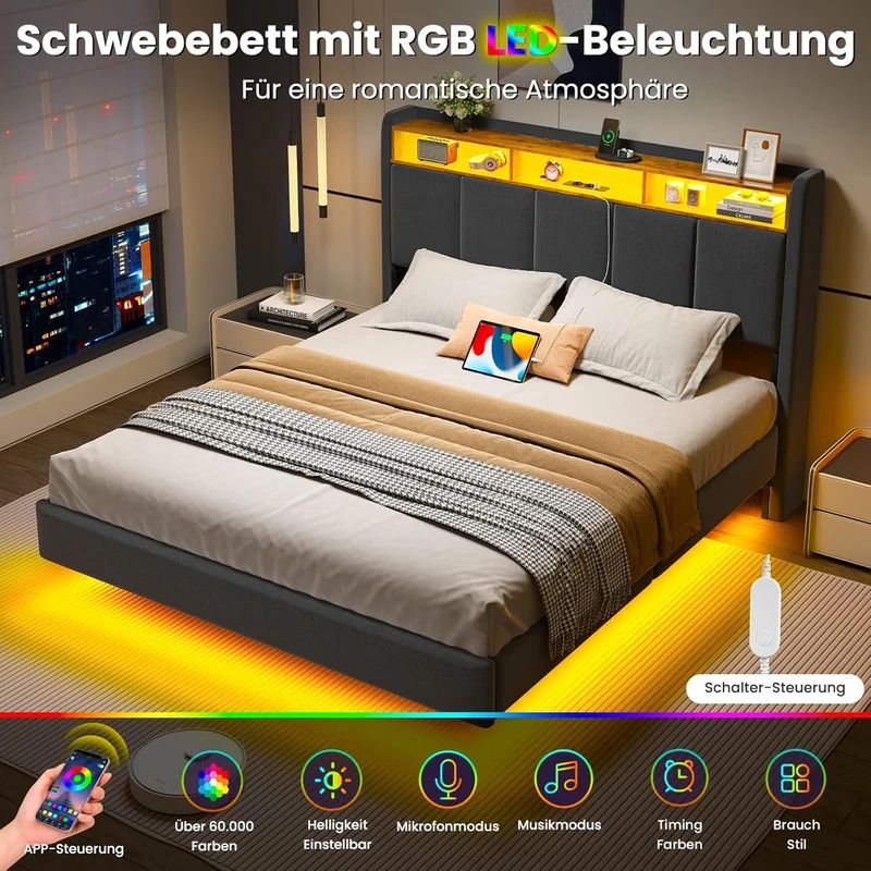 Brinlawb Polsterbett mit LED, Schwebebett mit Kopfteil, Stauraum & Ladestation – Modernes Bett mit Lattenrost für Schlafzimmerh