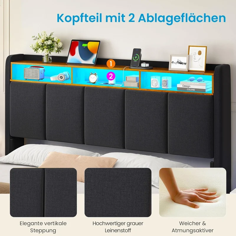 Brinlawb Polsterbett mit LED, Schwebebett mit Kopfteil, Stauraum & Ladestation – Modernes Bett mit Lattenrost für Schlafzimmerh