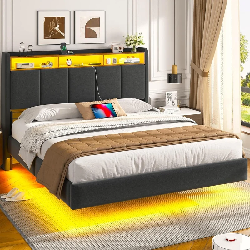 Brinlawb Polsterbett mit LED, Schwebebett mit Kopfteil, Stauraum & Ladestation – Modernes Bett mit Lattenrost für Schlafzimmerh