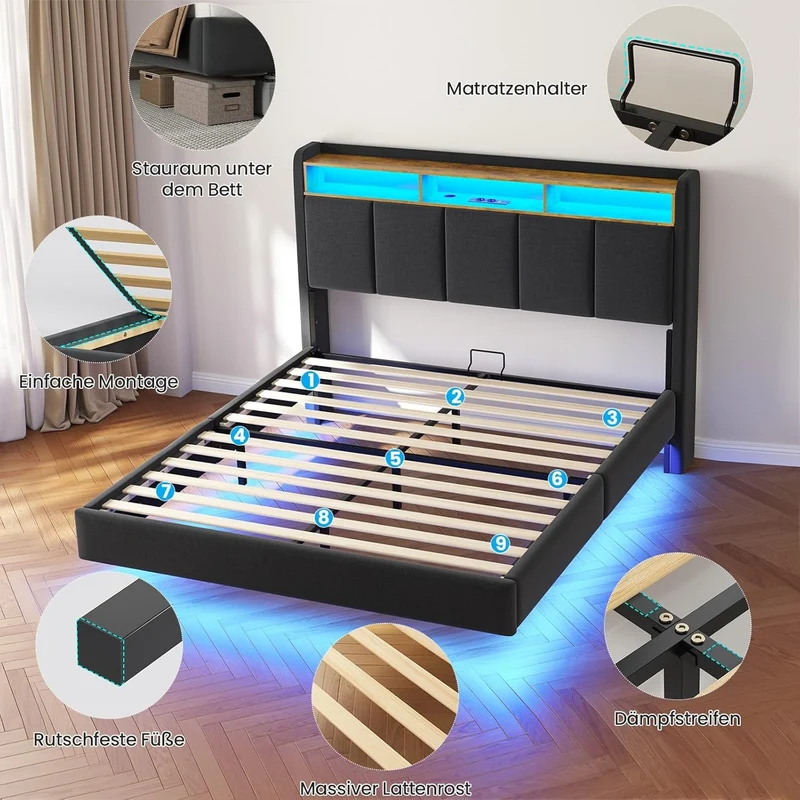 Brinlawb Polsterbett mit LED, Schwebebett mit Kopfteil, Stauraum & Ladestation – Modernes Bett mit Lattenrost für Schlafzimmerh
