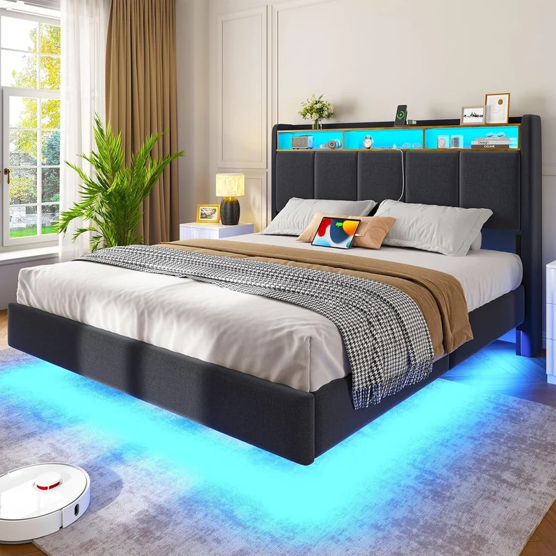 Brinlawb Polsterbett mit LED, Schwebebett mit Kopfteil, Stauraum & Ladestation – Modernes Bett mit Lattenrost für Schlafzimmerh