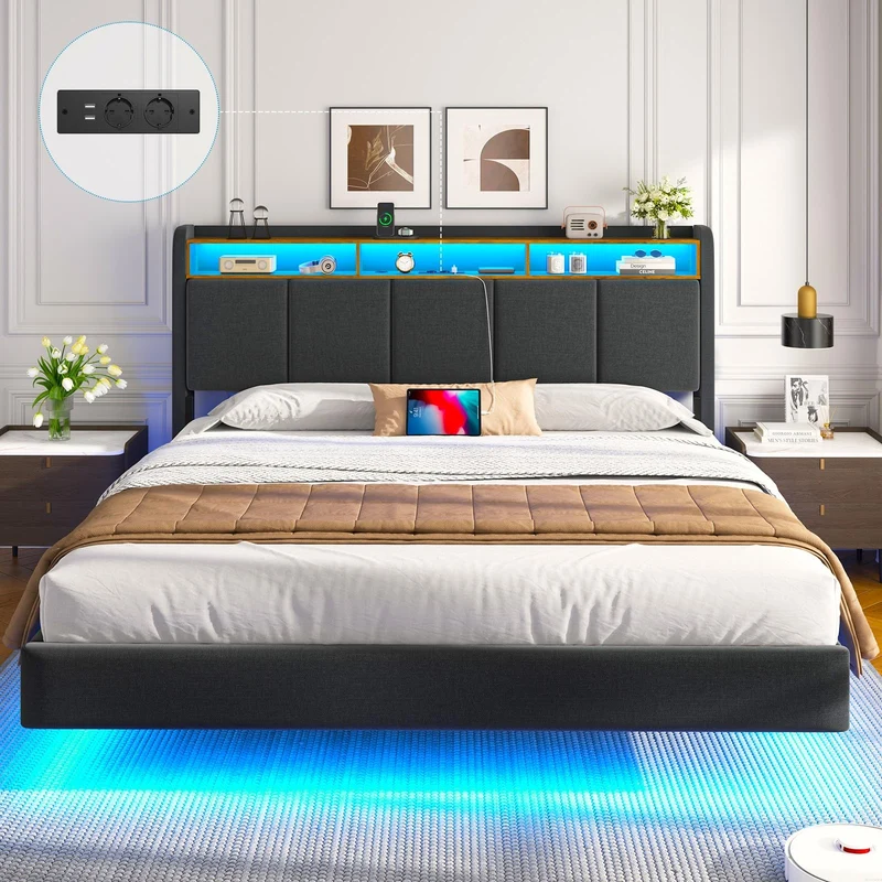 Brinlawb Polsterbett mit LED, Schwebebett mit Kopfteil, Stauraum & Ladestation – Modernes Bett mit Lattenrost für Schlafzimmerh