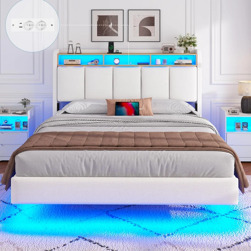 Brinlawb Polsterbett mit LED, Schwebebett mit Kopfteil, Stauraum & Ladestation – Modernes Bett mit Lattenrost für Schlafzimmerh