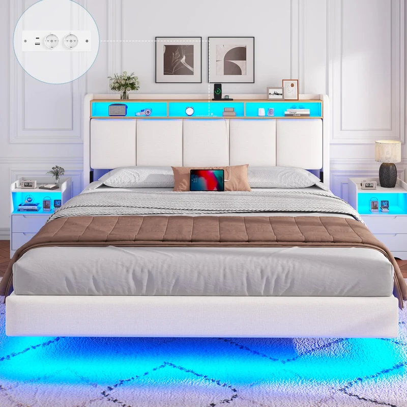 Brinlawb Polsterbett mit LED, Schwebebett mit Kopfteil, Stauraum & Ladestation – Modernes Bett mit Lattenrost für Schlafzimmerh