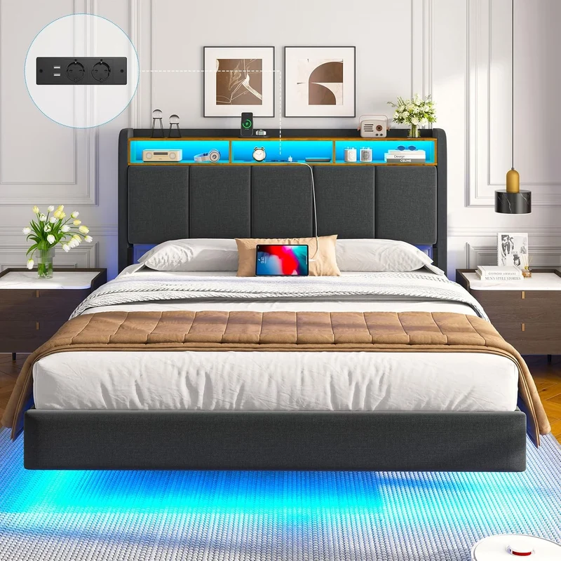 Brinlawb Polsterbett mit LED, Schwebebett mit Kopfteil, Stauraum & Ladestation – Modernes Bett mit Lattenrost für Schlafzimmerh