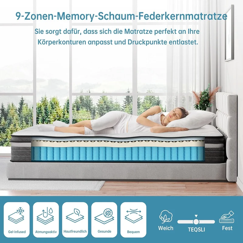 TeQsli Gel-Taschenfederkernmatratze – 9-Zonen, Orthopädisch & Ergonomisch, H3/H4, Gel-Memory-Schaum, Oeko-TEX & CertiPURh