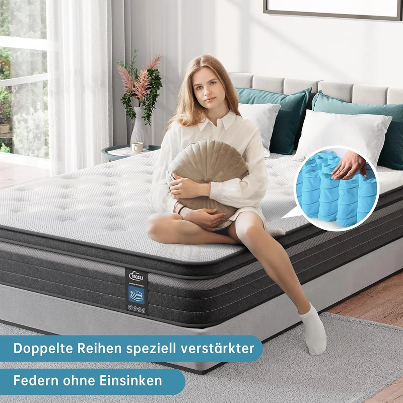 TeQsli Gel-Taschenfederkernmatratze – 9-Zonen, Orthopädisch & Ergonomisch, H3/H4, Gel-Memory-Schaum, Oeko-TEX & CertiPURh