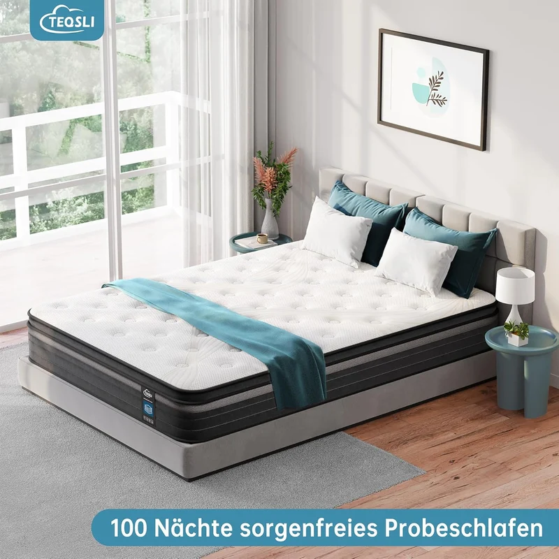 TeQsli Gel-Taschenfederkernmatratze – 9-Zonen, Orthopädisch & Ergonomisch, H3/H4, Gel-Memory-Schaum, Oeko-TEX & CertiPURh
