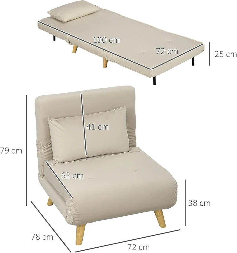 HOMCOM 3-in-1 Schlafsessel Beige – Klappsofa mit Bettfunktion & verstellbarer Rückenlehneh