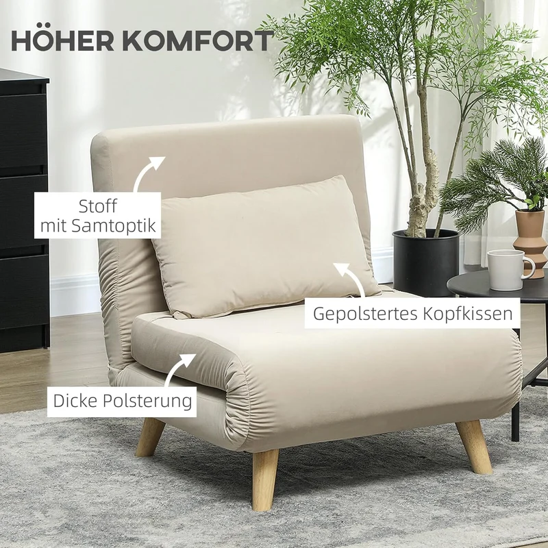 HOMCOM 3-in-1 Schlafsessel Beige – Klappsofa mit Bettfunktion & verstellbarer Rückenlehneh
