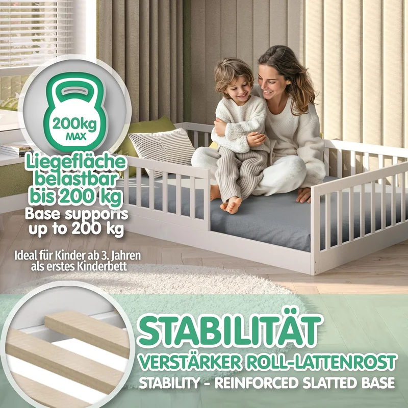CADANI Timi Kinderbett Montessori Bodenbett aus Massivholz, abnehmbarer Rausfallschutzh