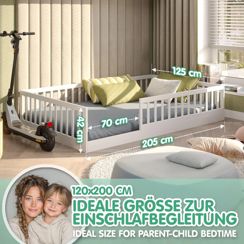 CADANI Timi Kinderbett Montessori Bodenbett aus Massivholz, abnehmbarer Rausfallschutzh