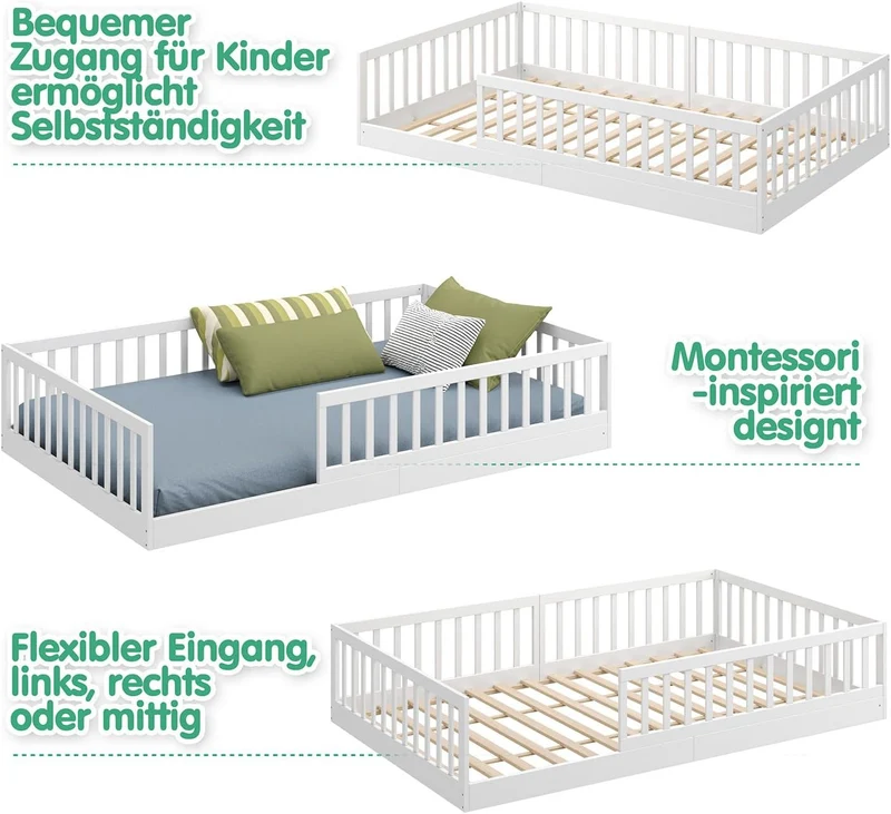 CADANI Timi Kinderbett Montessori Bodenbett aus Massivholz, abnehmbarer Rausfallschutzh