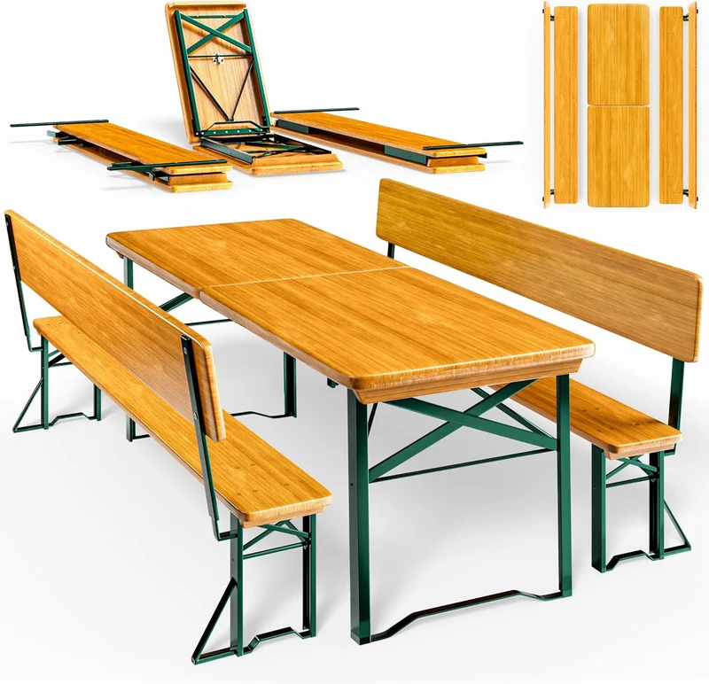 Casaria Bierzeltgarnitur mit Lehne 170 cm, Klappbar, Holz Stahl, Braunh