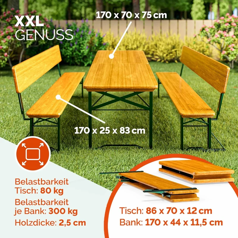Casaria Bierzeltgarnitur mit Lehne 170 cm, Klappbar, Holz Stahl, Braunh