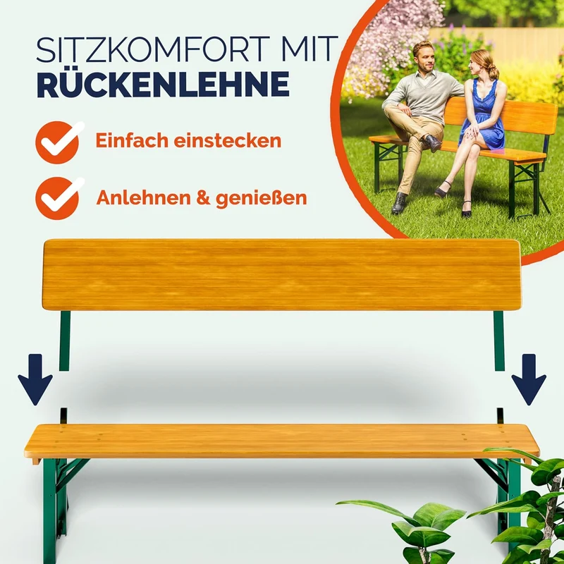 Casaria Bierzeltgarnitur mit Lehne 170 cm, Klappbar, Holz Stahl, Braunh