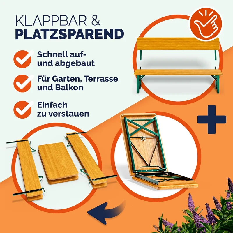 Casaria Bierzeltgarnitur mit Lehne 170 cm, Klappbar, Holz Stahl, Braunh