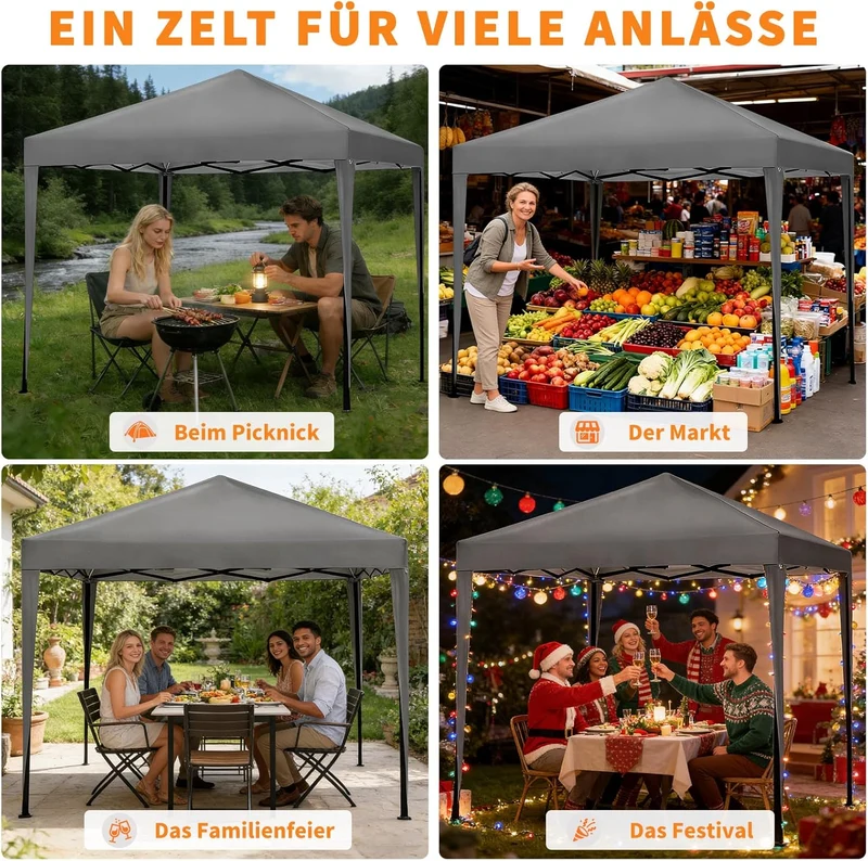 ISE Pavillon 3x3 m Faltpavillon mit Seitenwänden Grau aus Stahl UV50+h