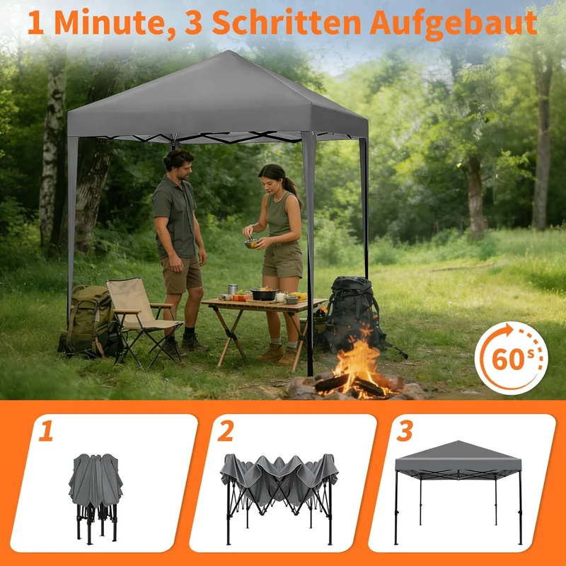 ISE Pavillon 3x3 m Faltpavillon mit Seitenwänden Grau aus Stahl UV50+h