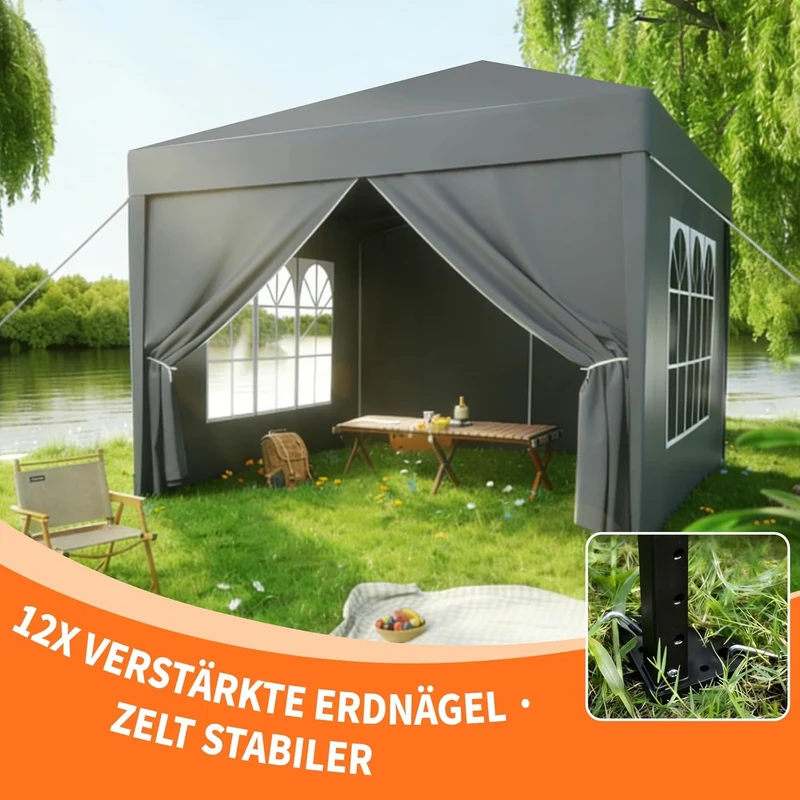 ISE Pavillon 3x3 m Faltpavillon mit Seitenwänden Grau aus Stahl UV50+h