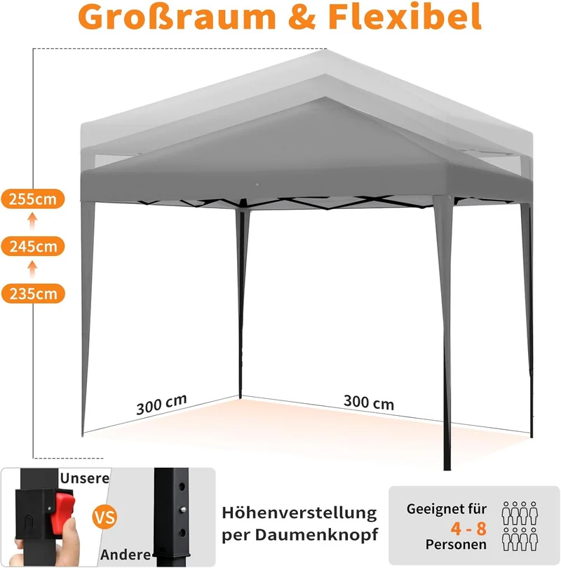ISE Pavillon 3x3 m Faltpavillon mit Seitenwänden Grau aus Stahl UV50+h