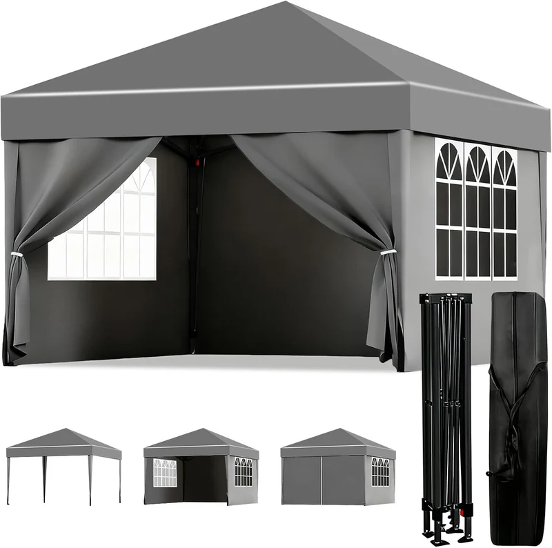 ISE Pavillon 3x3 m Faltpavillon mit Seitenwänden Grau aus Stahl UV50+h