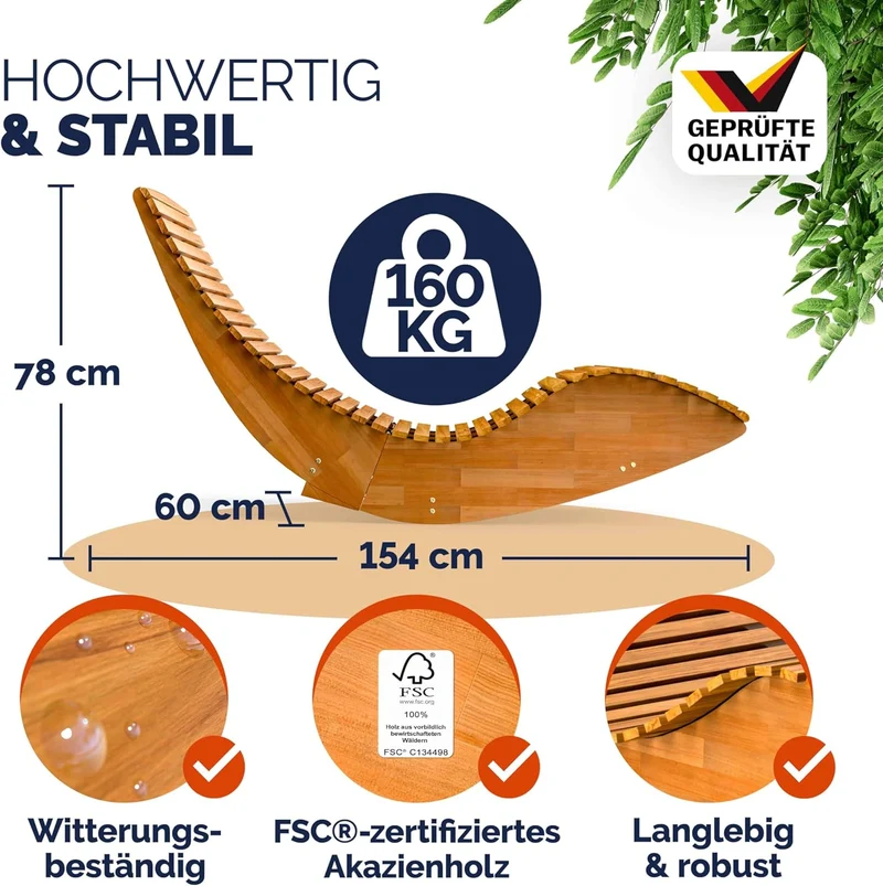 Casaria Sonnenliege 2er Set aus Akazienholz – Klappbar, Wetterfest, FSC-zertifiziert, 195×60 cm, Braunh