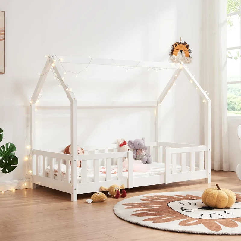 [en.casa] Kinderbett Montessori Hausbett Kiefernholz mit Rausfallschutz und Lattenrost für Kinder Bodenbett Weißh