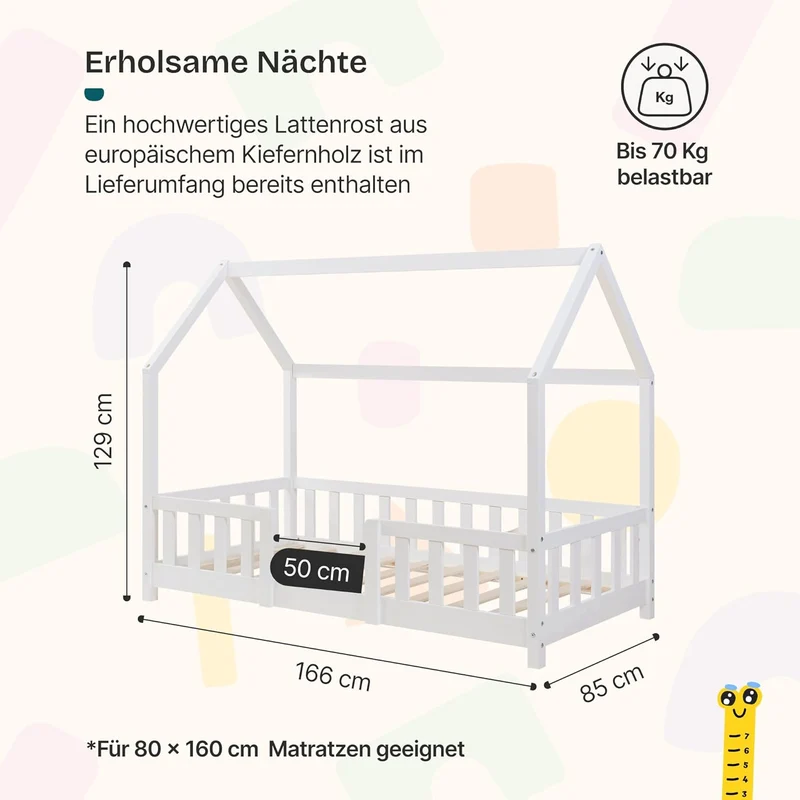 [en.casa] Kinderbett Montessori Hausbett Kiefernholz mit Rausfallschutz und Lattenrost für Kinder Bodenbett Weißh