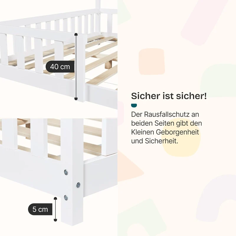 [en.casa] Kinderbett Montessori Hausbett Kiefernholz mit Rausfallschutz und Lattenrost für Kinder Bodenbett Weißh
