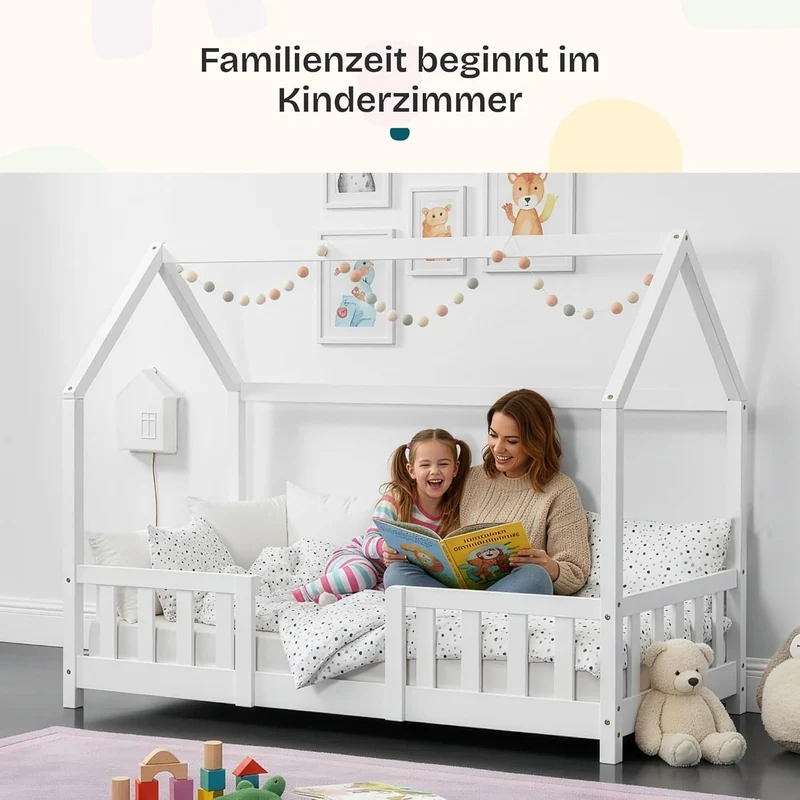 [en.casa] Kinderbett Montessori Hausbett Kiefernholz mit Rausfallschutz und Lattenrost für Kinder Bodenbett Weißh