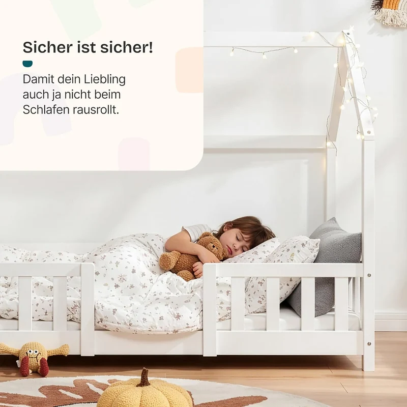 [en.casa] Kinderbett Montessori Hausbett Kiefernholz mit Rausfallschutz und Lattenrost für Kinder Bodenbett Weißh