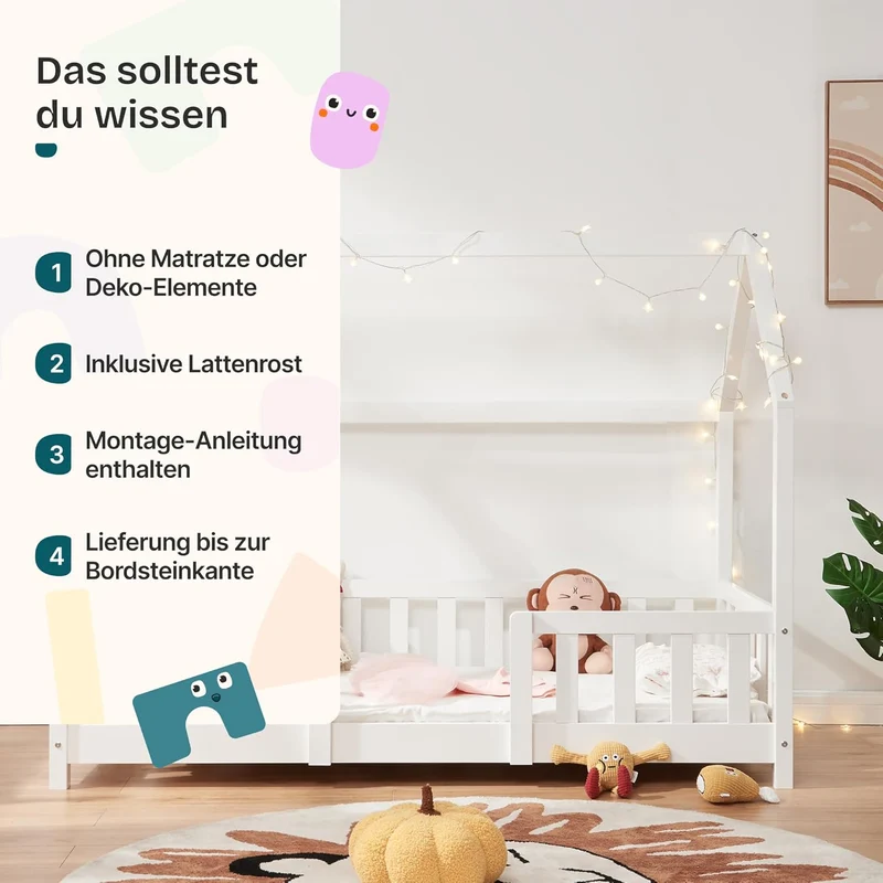 [en.casa] Kinderbett Montessori Hausbett Kiefernholz mit Rausfallschutz und Lattenrost für Kinder Bodenbett Weißh