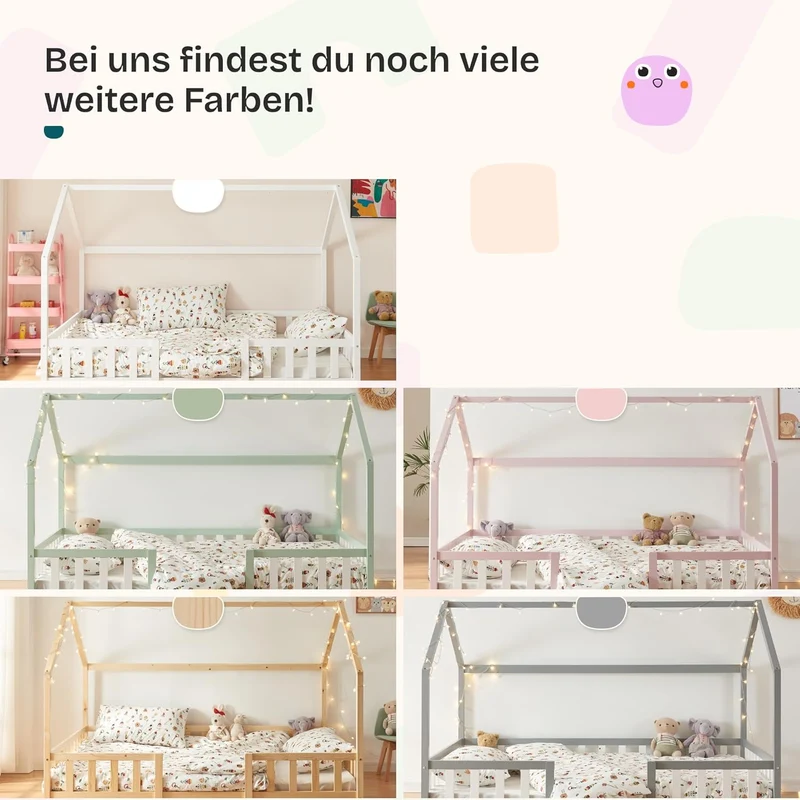 [en.casa] Kinderbett Montessori Hausbett Kiefernholz mit Rausfallschutz und Lattenrost für Kinder Bodenbett Weißh