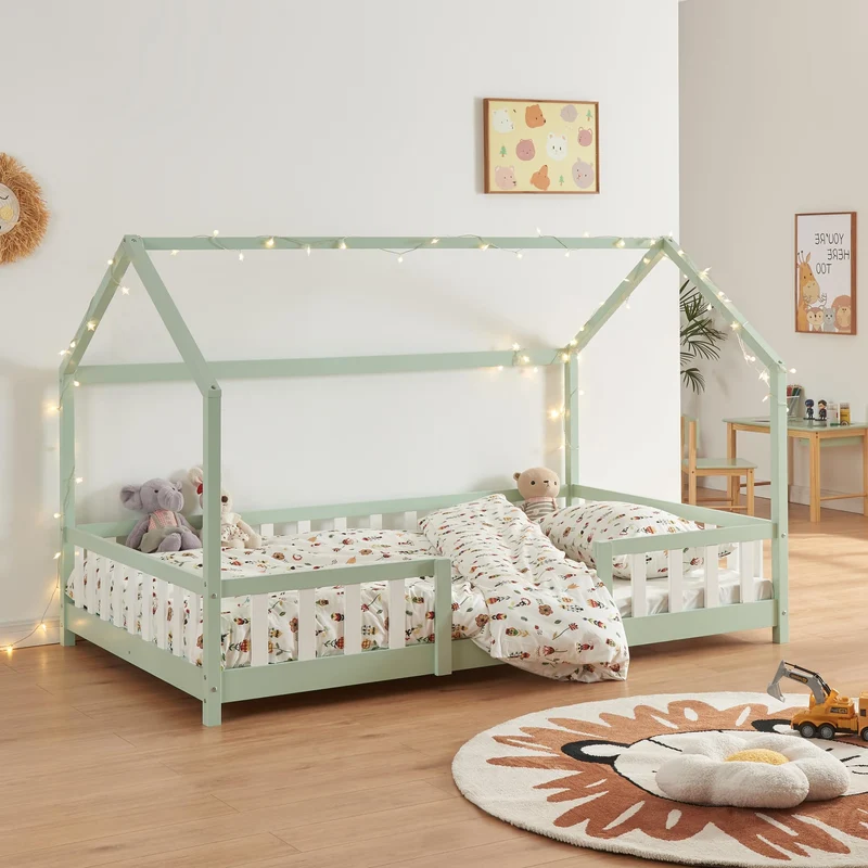 [en.casa] Kinderbett Montessori Hausbett Kiefernholz mit Rausfallschutz und Lattenrost für Kinder Bodenbett Weißh
