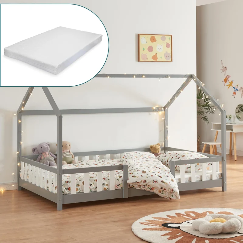 [en.casa] Kinderbett Montessori Hausbett Kiefernholz mit Rausfallschutz und Lattenrost für Kinder Bodenbett Weißh