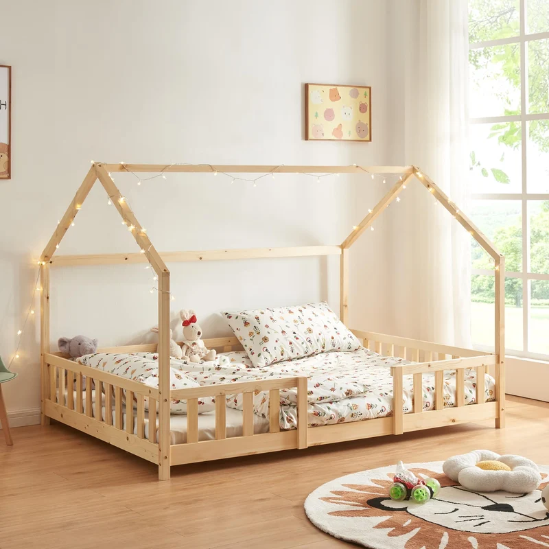[en.casa] Kinderbett Montessori Hausbett Kiefernholz mit Rausfallschutz und Lattenrost für Kinder Bodenbett Weißh