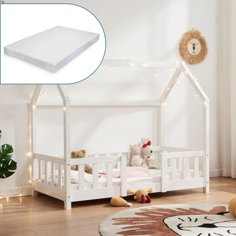 [en.casa] Kinderbett Montessori Hausbett Kiefernholz mit Rausfallschutz und Lattenrost für Kinder Bodenbett Weißh