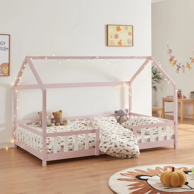 [en.casa] Kinderbett Montessori Hausbett Kiefernholz mit Rausfallschutz und Lattenrost für Kinder Bodenbett Weißh