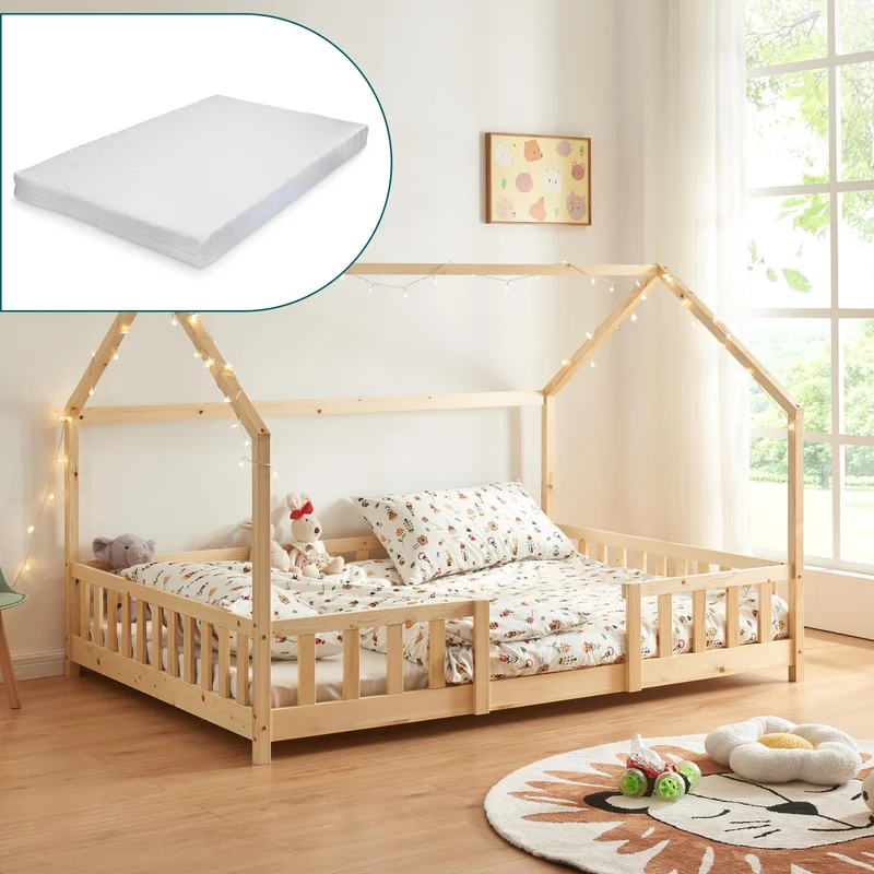 [en.casa] Kinderbett Montessori Hausbett Kiefernholz mit Rausfallschutz und Lattenrost für Kinder Bodenbett Weißh